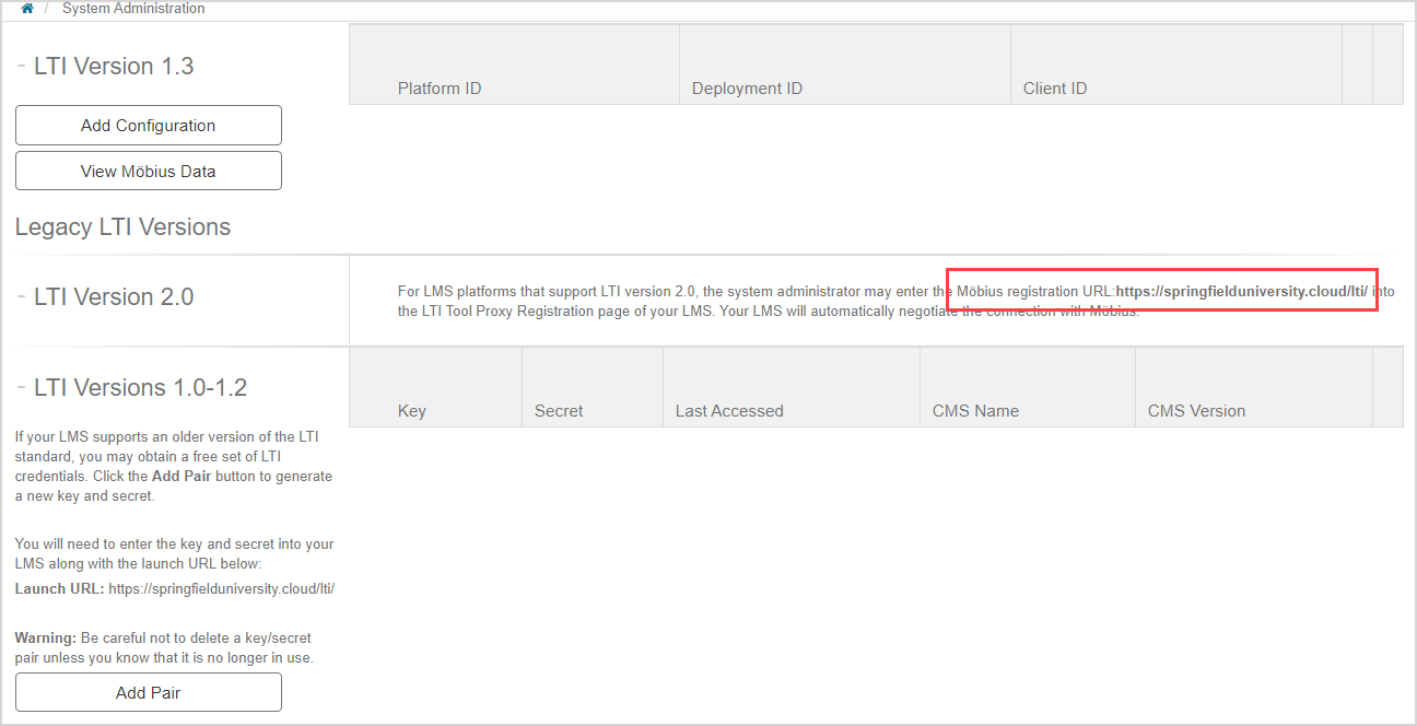 LTI Configurations page, on the right under Legacy LTI versions heading, the Mobius registration URL is highlighted.